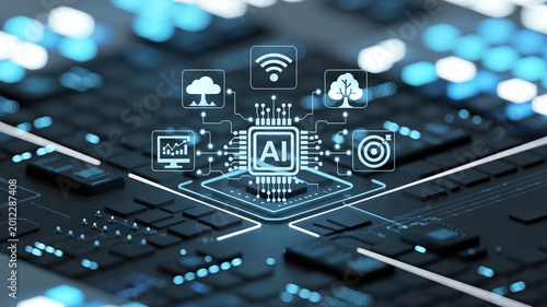 Artificial Intelligence Icons Representing Various Technologies on a Circuit Board