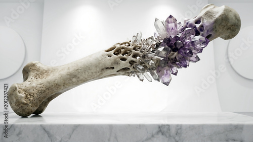 A large fossilized bone adorned with purple crystals and clear gems rests on a marble surface in a modern white room with circular wall decorations.