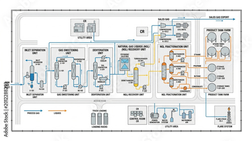 Schilderij op canvas Industrial Process Flow Diagram Schematic Engineering Blueprint.