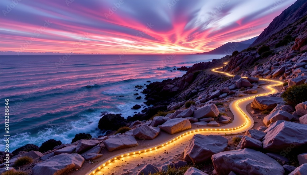 Obraz premium Twilight Coastal Pathway with Warm Led Lights and Vibrant Sky