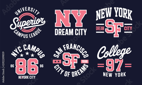 College Varsity Badge Vector Set with New York and San Francisco Typography for Athletic Apparel