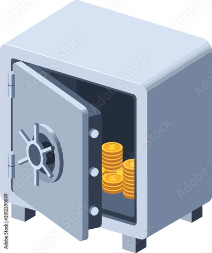 Isometric Metal Bank Safe with Open Door and Stacks of Gold Coins