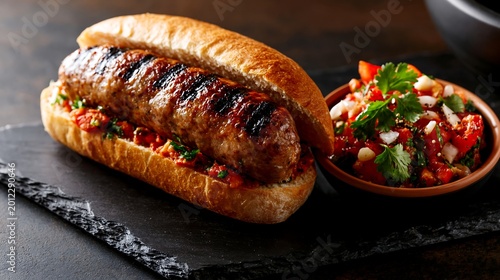 Chilean Choripán, juicy grilled sausage in crusty bread, accompanied by fresh Pebre sauce (tomato, onion, cilantro, garlic, and pepper) served in a small side bowl