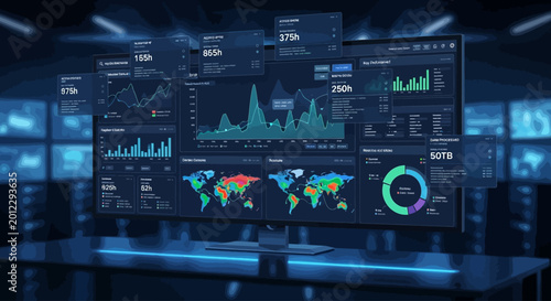 Advanced digital interface displaying comprehensive data analytics, real-time business intelligence, and dynamic visualizations for strategic decision-making and operational monitoring