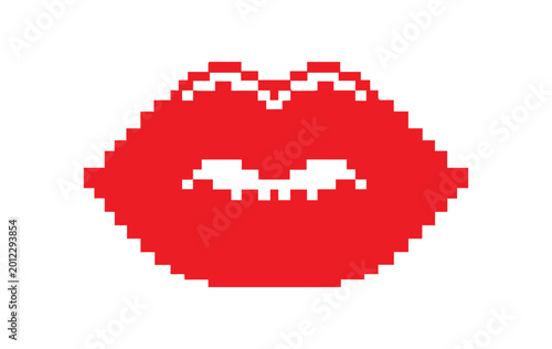 Pixel red lips icon in flat vector style. Isolated transparent background, minimal design for UI, games, apps, stickers, retro 8-bit aesthetic.