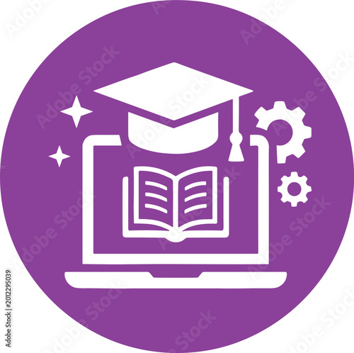 Graduation cap on laptop with book and gears represents online education