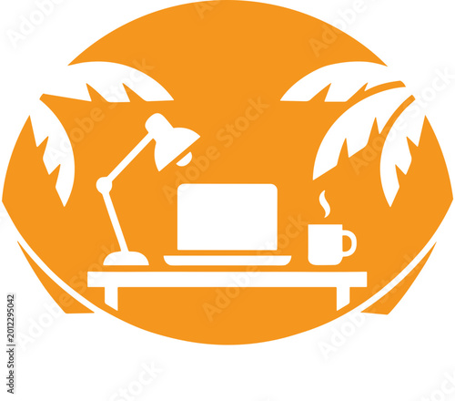 A serene workspace setup with a laptop lamp and coffee under palm trees