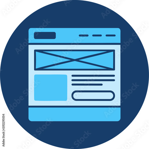 A graphic illustration of a web browser on a blue circular background.