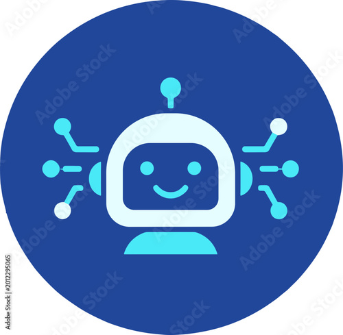 A smiling robot face with circuits is depicted in a blue circle.