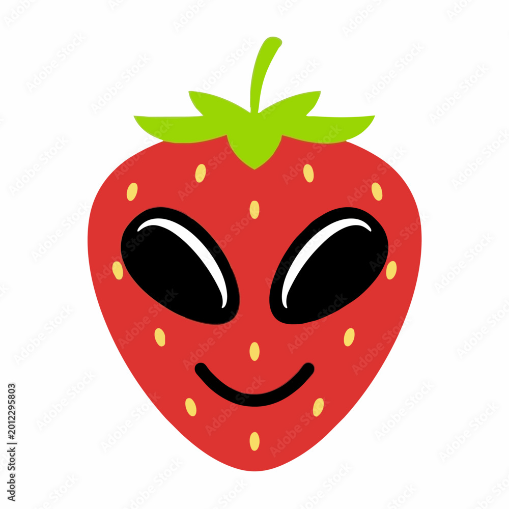 Fototapeta premium Cute cartoon strawberry alien with big eyes and smiling face, red fruit character with alien features.