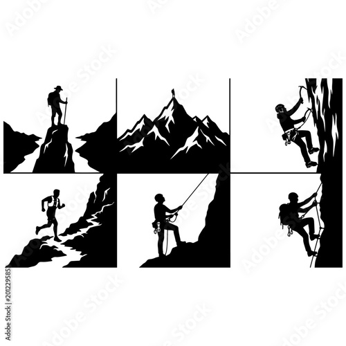 Mountain Climbing and Rock Climber Silhouette Adventure Vector Set