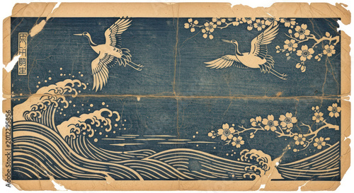 Japanese Katazome with Cranes Waves and Cherry Blossoms