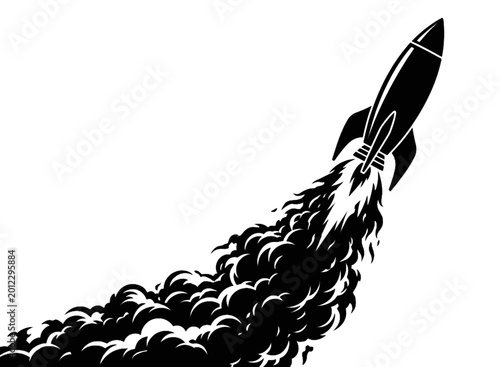 Black and white rocket ship launching into space