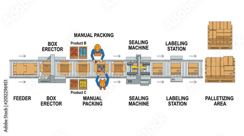 Tablou pe pânză Automated Packaging Line with Feeder Sealing Labeling and Palletizing Stations