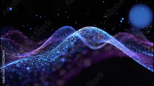 A mesmerizing abstract visualization depicts flowing, luminous waves of interconnected particles against a deep black background, evoking a sense of futuristic technology and ethereal beauty.