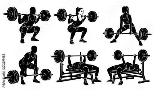 Foto Powerlifting athletes black silhouette vector set with squat deadlift and bench