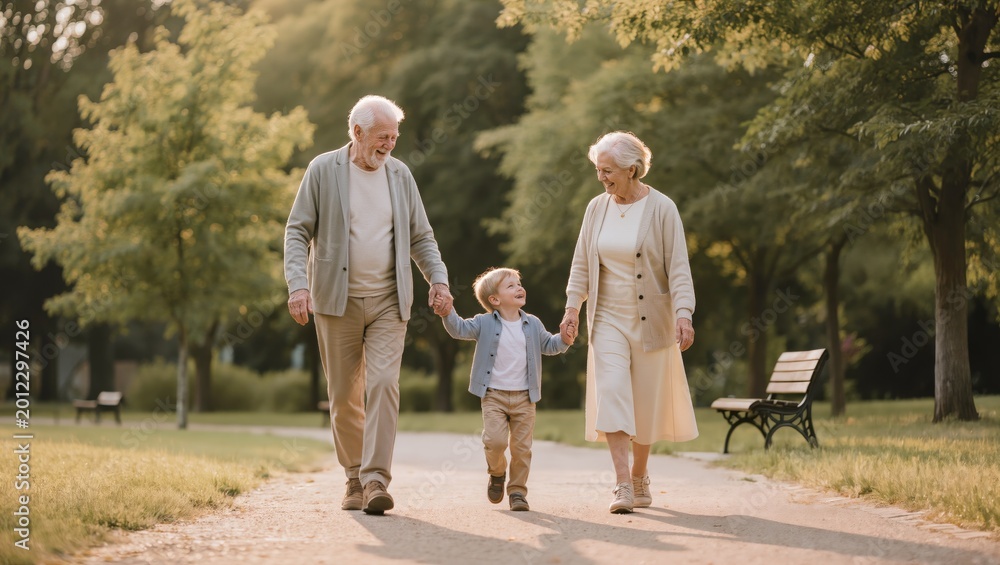 Obraz premium Senior couple walking with grandchild in park