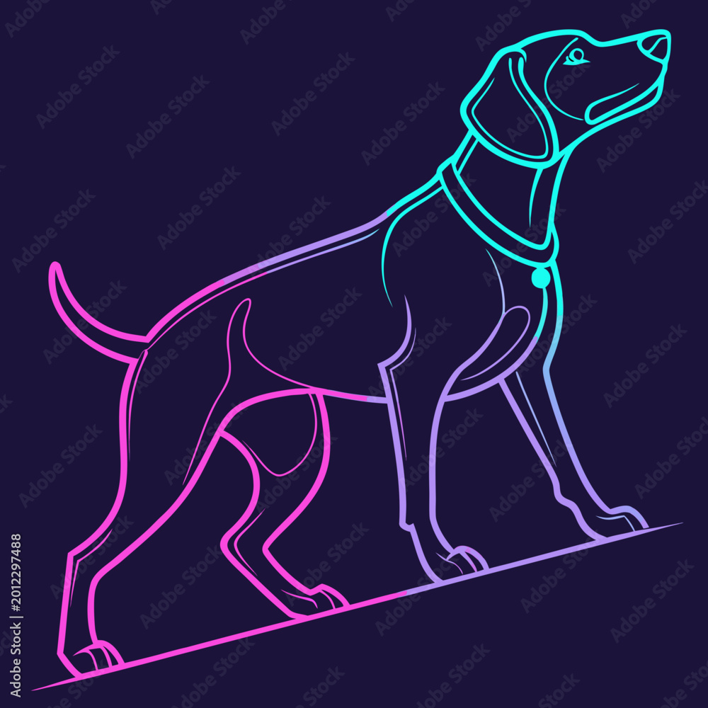 Fototapeta premium Pointer dog standing with collar neon outline.