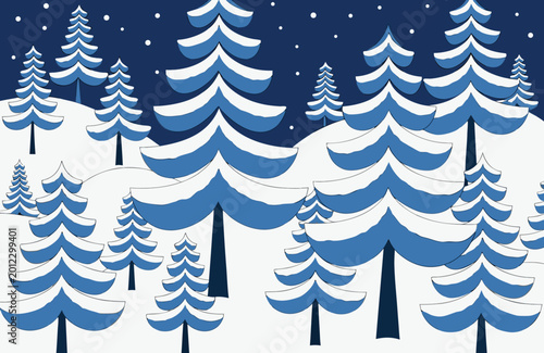 Stylized Winter Forest Of Snow-Capped Blue Pine Trees Under Starry Night Christmas Holiday Background