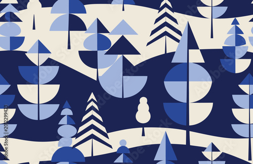 Minimalist geometric forest and Christmas patterns in blue and cream tones, abstract winter landscapes for seamless wallpaper, textiles, holiday decor, and modern calm designs.