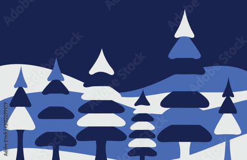 Abstract blue winter forest featuring stylized pine trees and layered snowy hills, ideal for holiday backgrounds, seasonal cards, minimalist design projects, and modern winter-themed illustrations.
