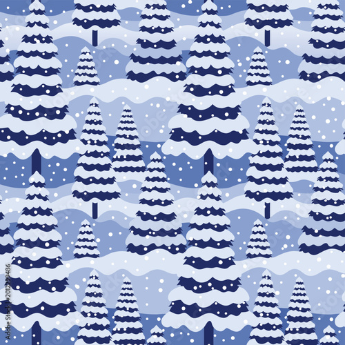 A seamless winter pattern featuring blue Christmas trees and snow‑covered firs on rolling snowy hills, perfect for holiday wrapping paper, seasonal backgrounds, textiles, and festive graphic design.