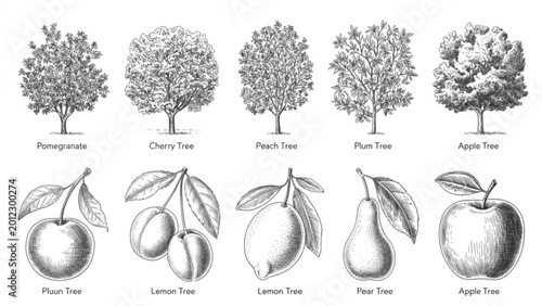 Hand drawn fruit tree set featuring leafy branches and botanical close up details in modern vector style