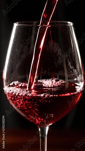 Dark red liquid is poured into a clear glass on a dark background