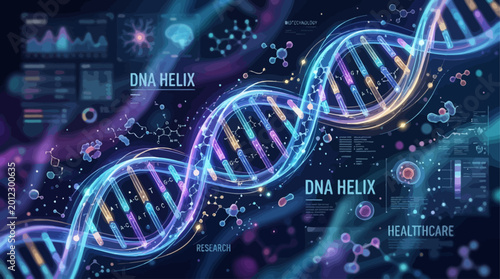 Fotografía Vibrant Digital DNA Helices Intertwined with Biotech Data Visualizations, Showca