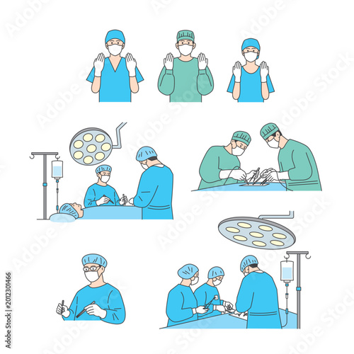 Surgery and operating room illustration set: surgeons, nurses, and medical procedures