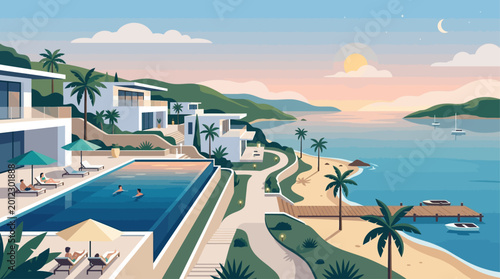 Tableau sur toile Vibrant illustration of a lavish beachfront resort, complete with chic architect