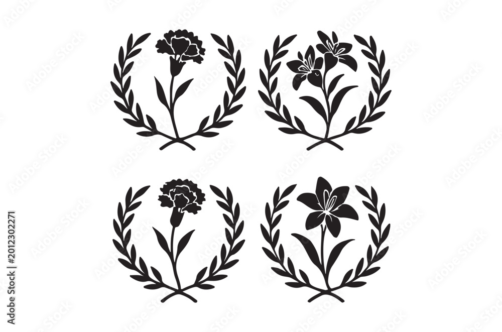 Fototapeta premium black floral wreath icons with leaves and flowers on white background
