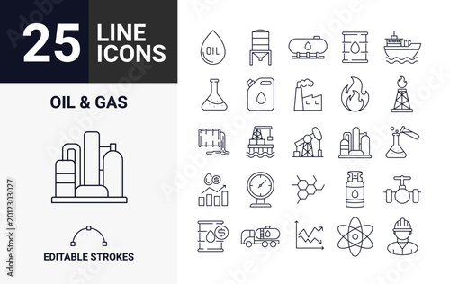 25 Oil and Gas Line Icons Set for Energy Industry and Industrial Technology Vector Collection