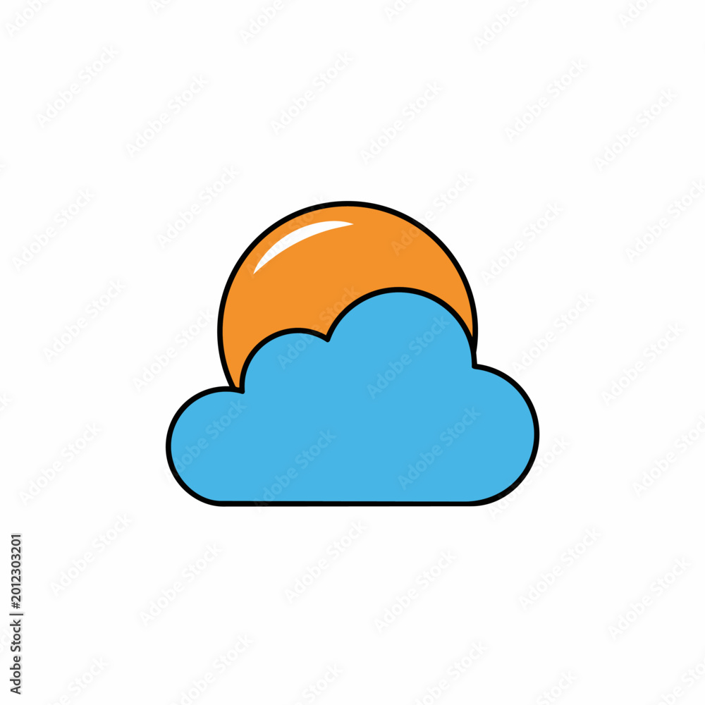 Fototapeta premium Sun behind cloud illustration isolated on white background for weather forecast and atmospheric conditions.