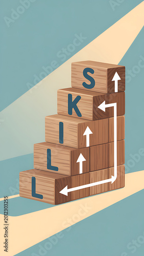 A stack of wooden blocks with letters spelling skills on them, with arrows pointing up and to the side on a blue and beige background