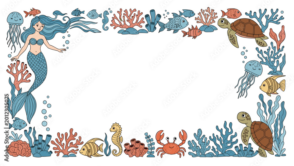 Obraz premium Rectangular border frame composed of various hand drawn sea creatures like a mermaid, turtle, jellyfish, and coral on a clean white background.