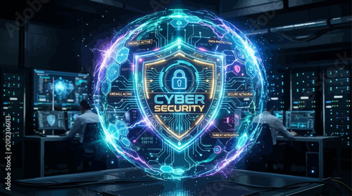 Immersive digital defense system showcasing a holographic cybersecurity shield protecting global networks and sensitive data within a high-tech environment