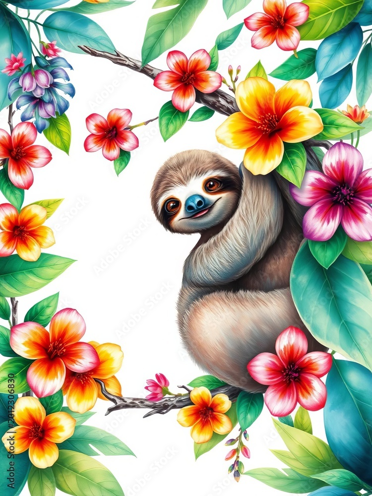 Fototapeta premium Tropical watercolor sloth illustration with bright flowers, leaves and vines, purple, close up