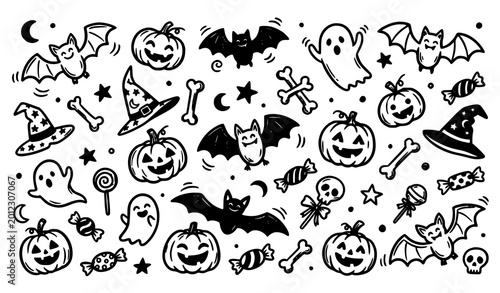 Playful Halloween bat clipart collection with hand drawn cute spooky elements isolated on white background