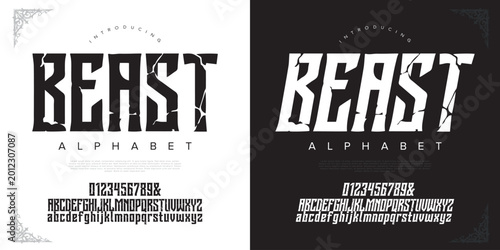 Obraz na płótnie Beast Strong Crack Stone Alphabet Font with Bold Heavy Display Style for Gym and