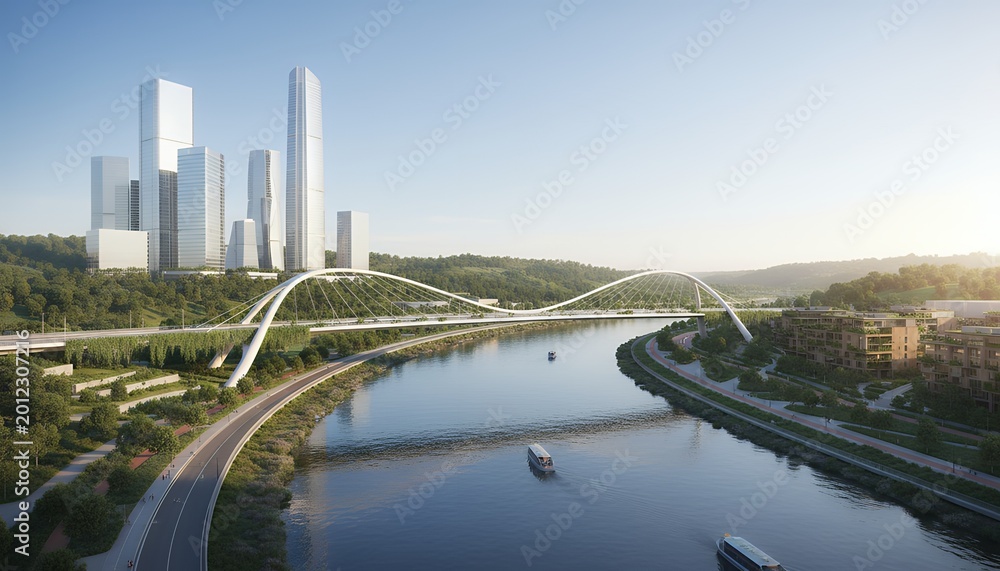 Fototapeta premium City skyline with modern arch bridge over river, sunlit urban waterfront