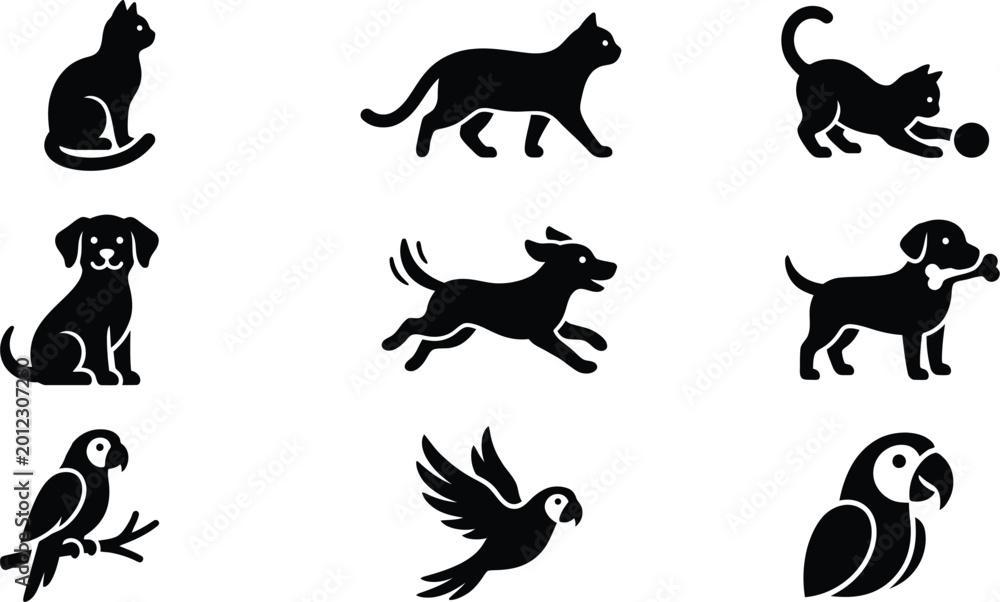 Obraz premium Cute pet icons set featuring cats dogs and parrots in black solid style isolated on transparent background for graphic design.