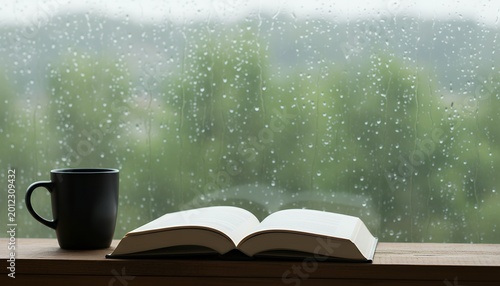 Open book cozy indoor reading scene with rain on window and coffee mug