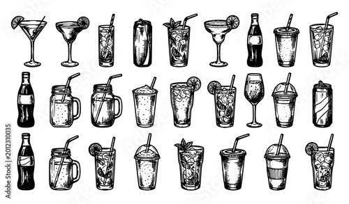 Canvastavla Summer drinks black and white vector illustration cocktail juice sketch set