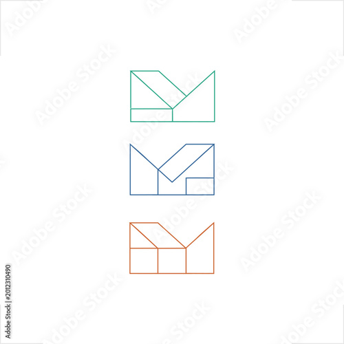 Modern minimalist M initial logo featuring a geometric tangram style for architecture and construction industries, providing a professional identity for engineering firms, real estate developers,  