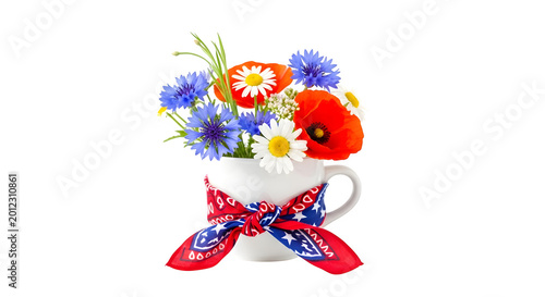 Patriotic floral arrangement in white mug with red blue bandana isolated on transparent background