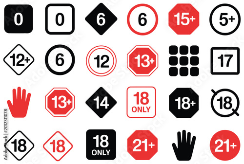 Foto Age restriction label with warning symbols for parental guidance, content contro