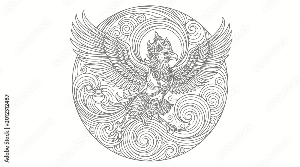 Obraz premium Mythical Garuda Bird Illustration - Ornate, Detailed Line Art with Swirling Background