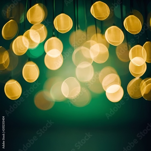 Soft bokeh lights in green and gold tones, blurred festive background, large empty space in center for text, minimal and elegant