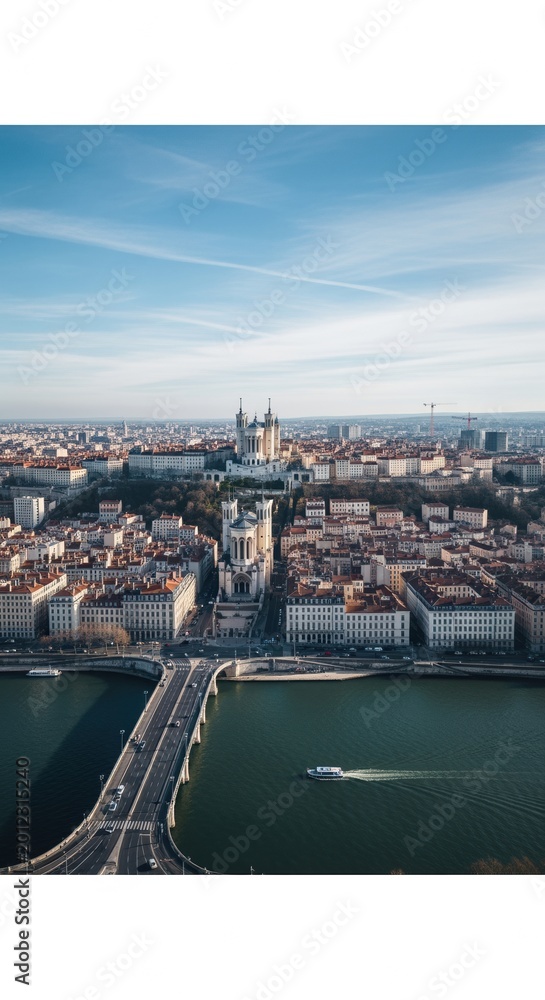 Obraz premium Blue sky and aerial panoramic view of a european city skyline with a river bridge and historic hillside basilica for travel marketing, urban tourism and architectural design